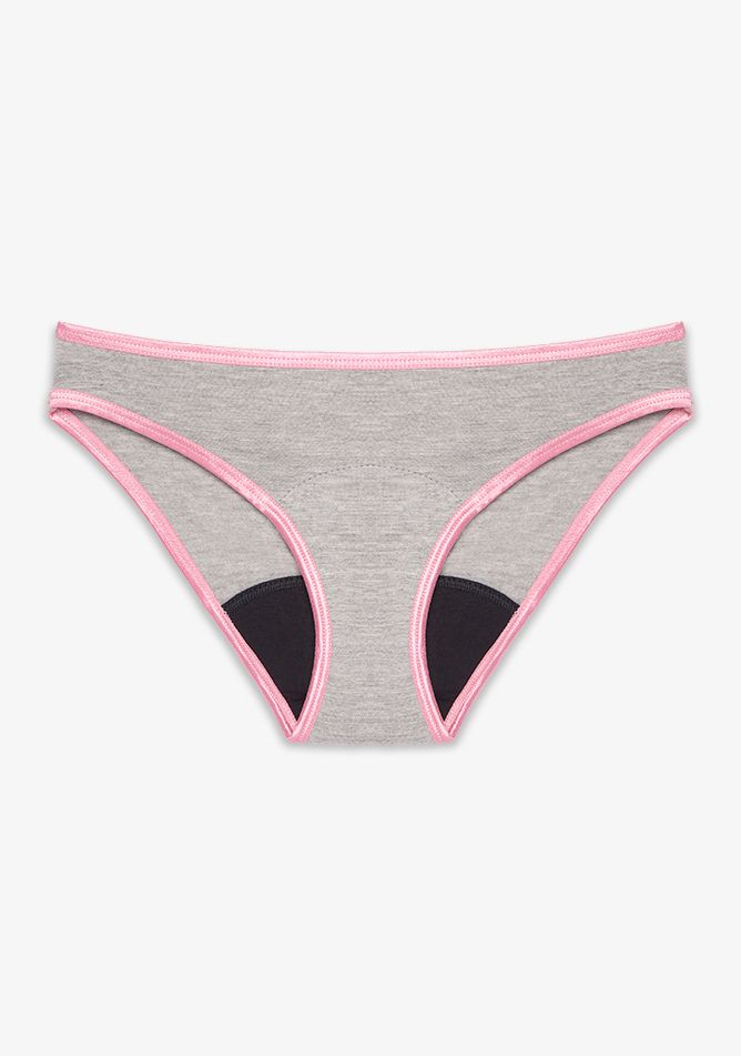 Image of a light grey bikini-style period underwear with pink trim and black absorbent panels for light to moderate flow. It offers a comfortable, reusable, and stylish option for leak protection.