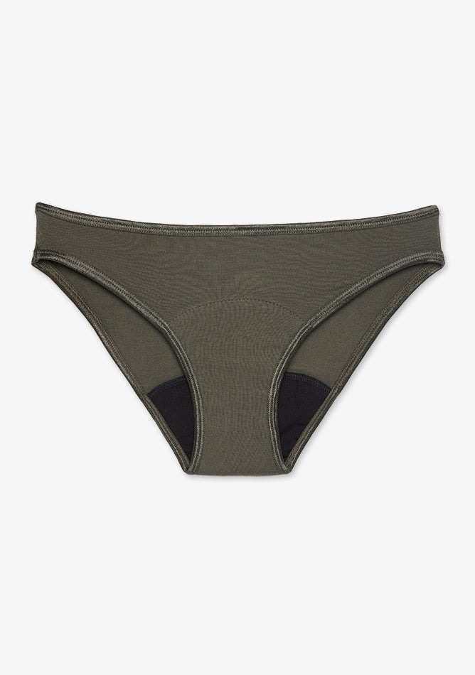 Image shows a pair of olive green bikini-style period underwear laid flat against a white background. The underwear features a sleek and simple design with reinforced black inner lining for added absorbency and leak protection. The seams are neatly stitched, and the overall shape is low-rise with moderate coverage. This type of underwear is designed for comfort and functionality during menstruation.
