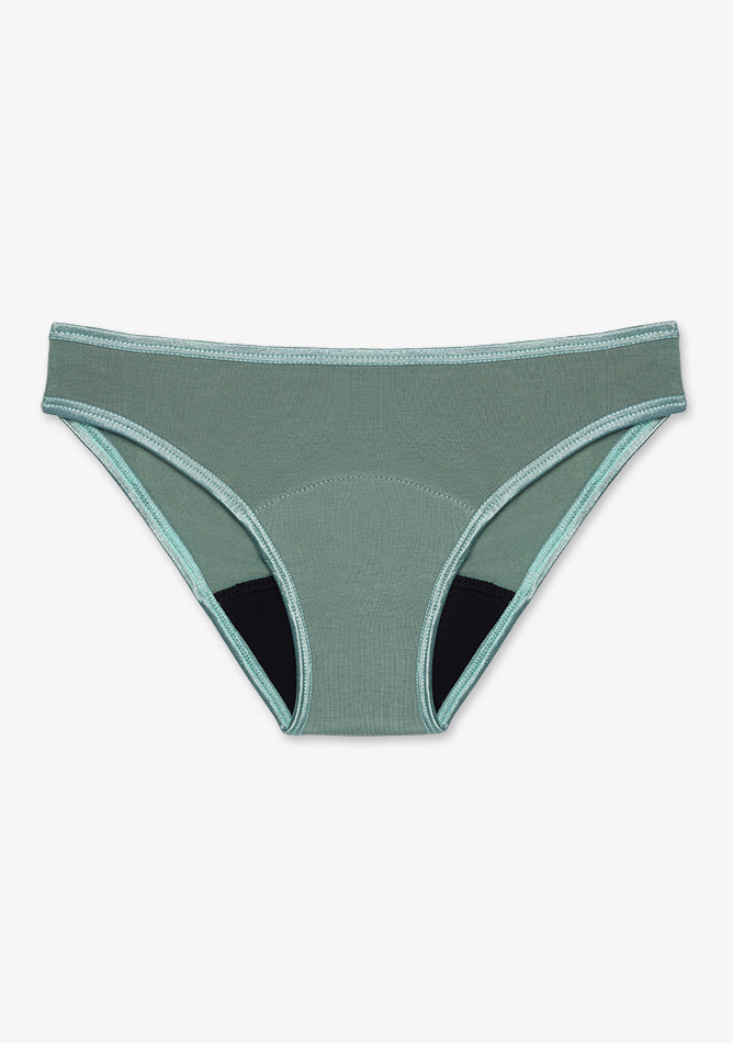Bikini style period underwear in a soft sage green color with teal trims. It features a built-in absorbent black gusset designed for light to moderate flow, offering comfort, leak protection, and a flattering fit. Ideal as a reusable, eco-friendly alternative for everyday wear during your cycle.