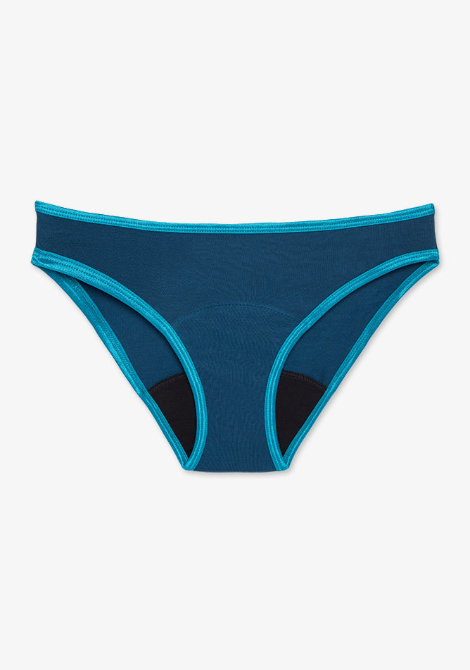 Teal bikini-style period underwear with contrasting aqua blue trim and a black absorbent gusset. Made from soft, stretchy fabric for all-day comfort and reliable protection. Sleek, modern design ideal for everyday wear or active use.