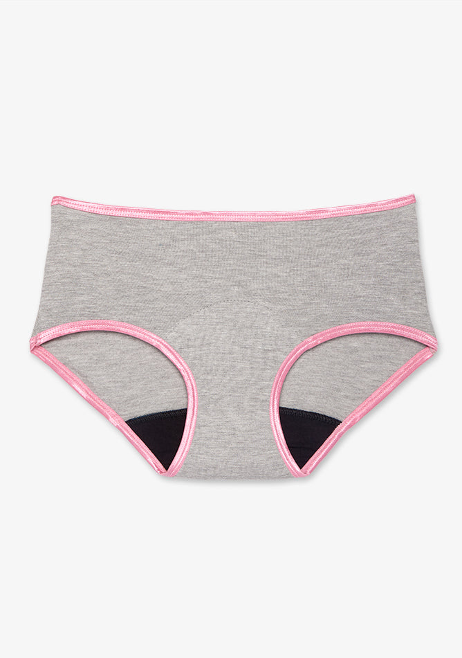 Image shows a pair of girls' hipster-style underwear. The fabric is primarily light grey with contrasting pink elastic trim around the waistband and leg openings. The inner lining of the crotch area appears to be made of a darker, likely absorbent material, suggesting that this is a pair of period underwear designed for comfort and protection during menstruation.