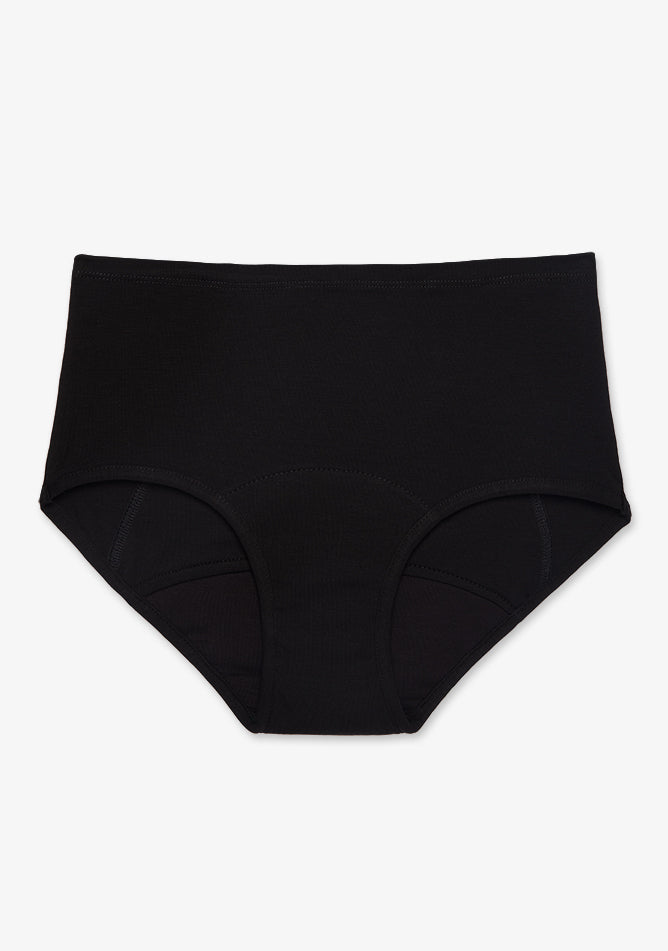Image shows a black women's underwear. It is a high-waisted brief style with a simple design and no visible patterns or embellishments. The fabric appears to be smooth and stretchy, likely made for comfort and everyday wear. The underwear is displayed flat on a plain white background.
