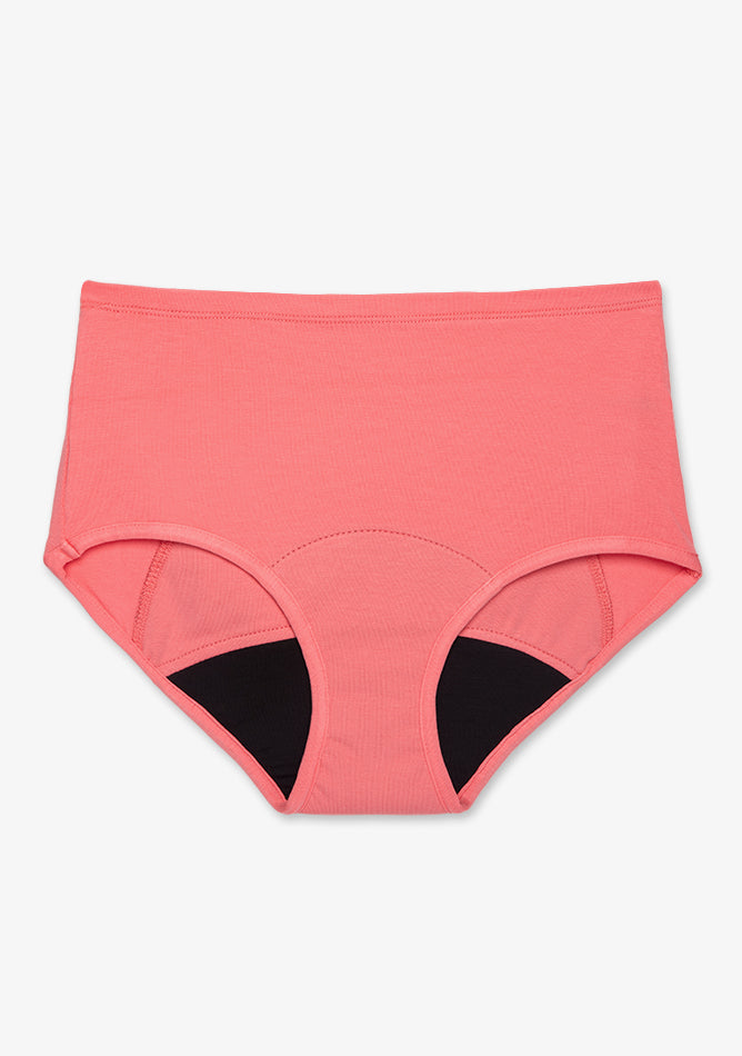High waisted period underwear in a coral pink color. The design features full coverage with a wide waistband for comfort and support. The gusset area is lined with a black absorbent fabric, indicating it is designed for menstrual use, likely with leak-proof and moisture-wicking properties. The stitching and seams suggest reinforced construction for durability and functionality during overnight or heavy flow use.