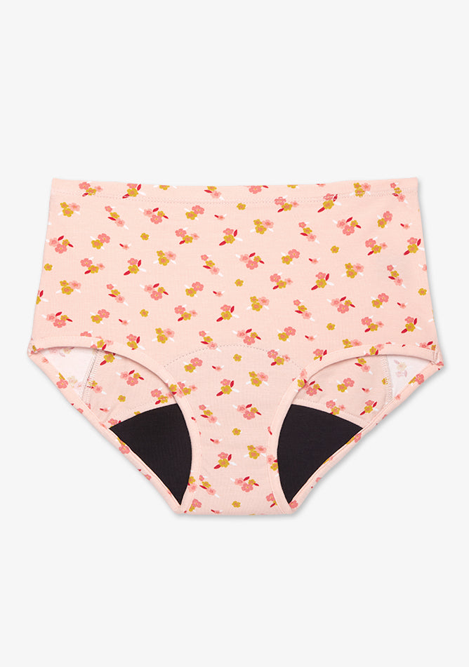 High waisted pink floral period underwear designed for overnight or heavy flow. It features a wide black absorbent gusset for full leak protection and offers a soft, breathable, and comfortable fit with a cute floral design.