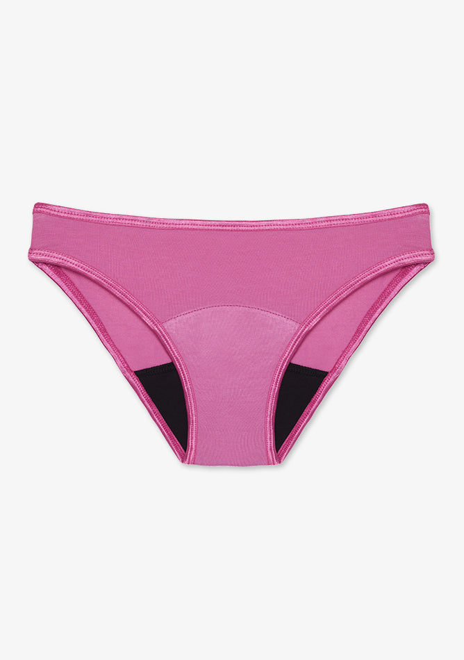 Bright pink bikini style period underwear with black absorbent panels for light to moderate flow. It offers leak protection, a comfortable fit, and a reusable, eco friendly design perfect for everyday period wear.