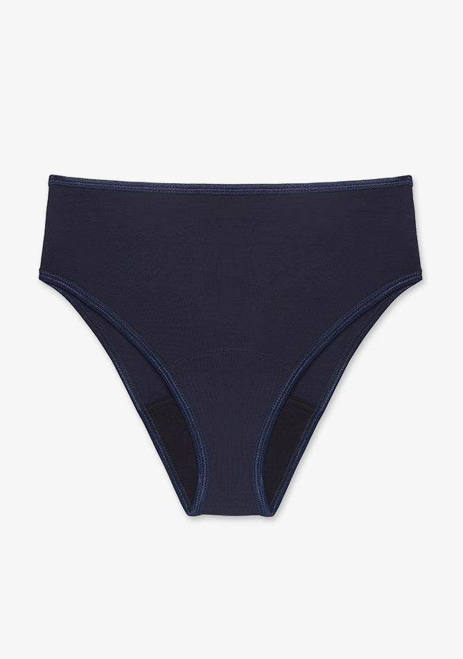 High-waisted women's period underwear in a deep Navy . It features a wide, comfortable waistband and a black absorbent gusset for menstrual protection. The fabric appears soft and smooth, with clean stitching for a secure, sleek fit.