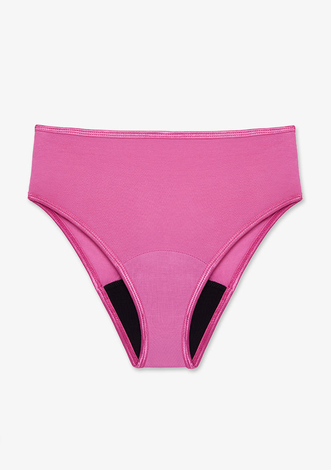  High-waisted women's underwear in a vibrant pink color. The underwear features a wide waistband for added comfort and support. The inner gusset area is reinforced with a black absorbent-looking fabric, which suggests that this is a pair of period underwear designed for menstrual protection. The material appears to be soft and stretchy, likely a cotton or cotton-blend fabric, and the stitching is neat and minimal, contributing to a smooth and sleek appearance.