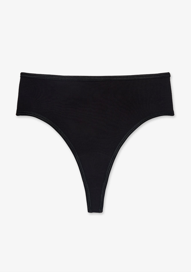  Image shows a black thong-style underwear laid flat against a plain white background. The design is simple and minimalist, featuring a high-cut leg and narrow back, typical of a thong. The waistband is slightly wide, and the material appears to be soft and stretchy, likely cotton or a cotton blend. There are no visible patterns, logos, or embellishments.