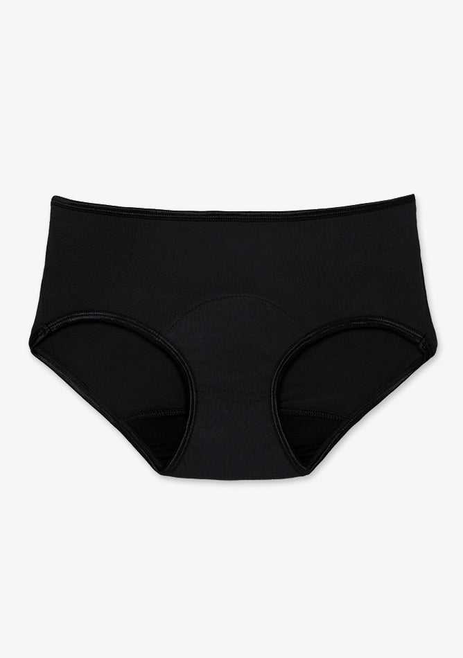 Image shows a pair of black hipster style period underwear. This style features a mid rise waistline and offers fuller coverage on the sides and back compared to bikini or thong styles. The design includes a soft, stretchy fabric for comfort, with a slightly darker absorbent panel in the crotch area that provides built in period protection