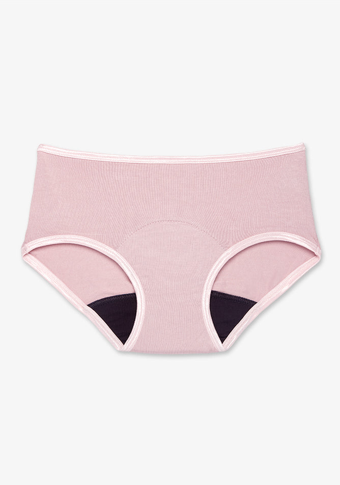 Image shows a pair of blush pink hipster-style period underwear laid flat on a white background. This underwear features a mid-rise waistband and full coverage at the back, providing a secure and comfortable fit. It has black absorbent panels on the interior crotch area, designed for menstrual protection. 