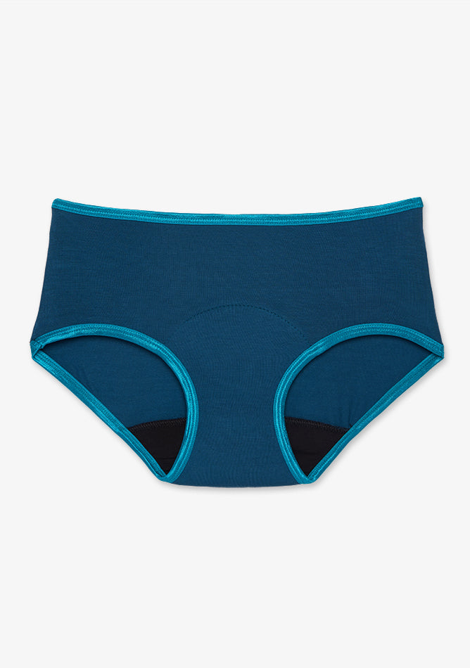 Image shows a pair of hipster-style underwear in a deep teal color. The underwear features a contrasting lighter teal trim around the waistband and leg openings. The fabric appears to be soft and stretchy, likely cotton or a cotton blend. The gusset area is reinforced and darker in color, which suggests that this may be a pair of period underwear or designed for added absorbency or protection.