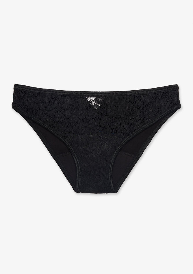 Black Lace Women's underwear. The design is a classic bikini cut, featuring a floral lace pattern that covers the front. The waistband and leg openings are finished with a simple, soft trim. The overall style is elegant and feminine, combining both comfort and a touch of sophistication.