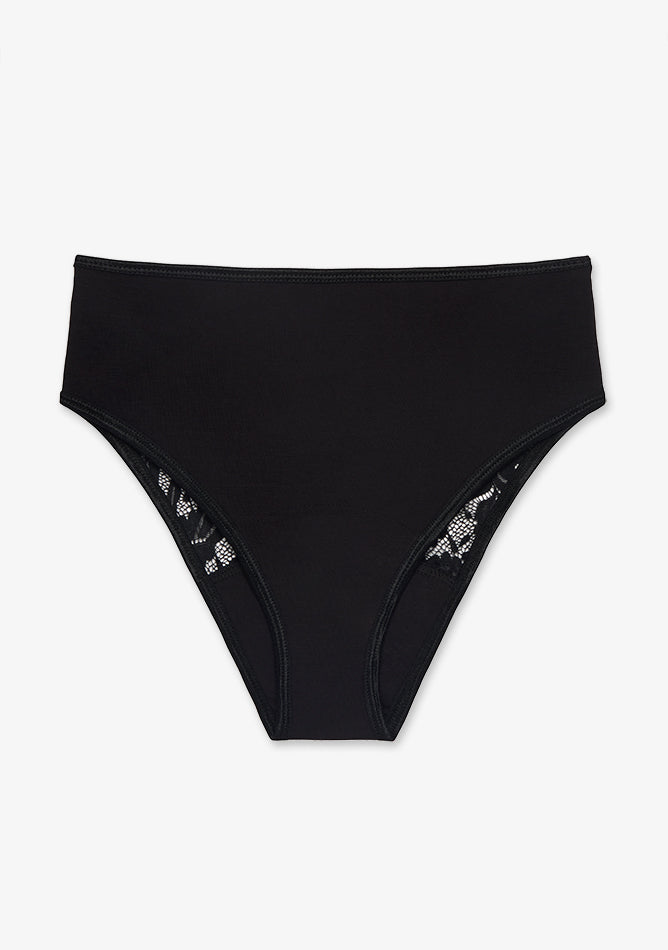 Black high-waisted lace underwear. The high-rise waistband provides a secure and comfortable fit, while the coverage is moderate to full. The lace design features intricate floral patterns, giving the piece a sophisticated and stylish finish. The bottom portion appears to be lined for comfort and practicality, likely making it suitable as a period panty or for everyday wear.
