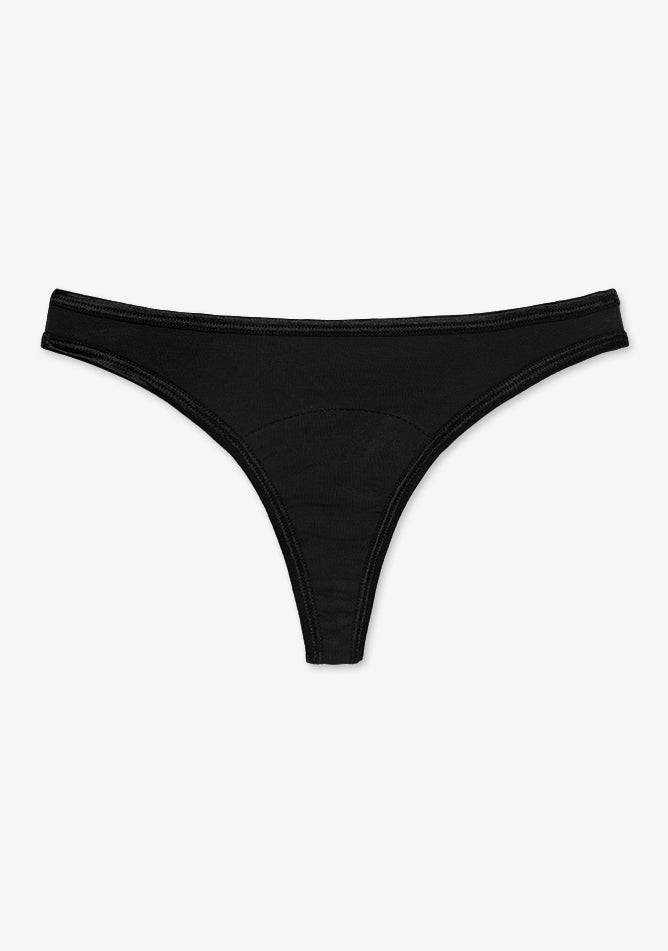 Image shows a pair of black thong-style period underwear. The design features a minimal coverage back with a slim, V-shaped cut and a wider waistband. The fabric appears to be soft and stretchy for comfort, and the crotch area includes a slightly darker absorbent panel, designed to manage menstrual flow discreetly. This thong combines the practicality of period protection with a sleek, low-profile silhouette, ideal for wearing under tight clothing.